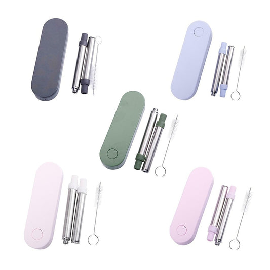 Reusable stainless steel telescopic drinking straw with brush and portable storage box for kitchen, bar, and travel