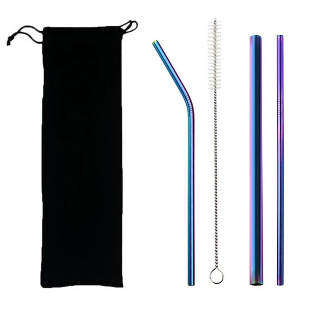 4PCS eco-friendly reusable stainless steel straws set with cleaning brush and portable bag for smoothies and drinks