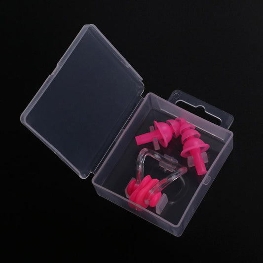Silicone ear plugs and nose clip set with waterproof boxed case for swimming and diving