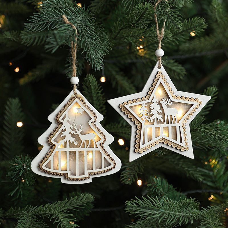 Wooden Christmas ornaments with luminous strip lights and white pentagram decorations for festive scenes