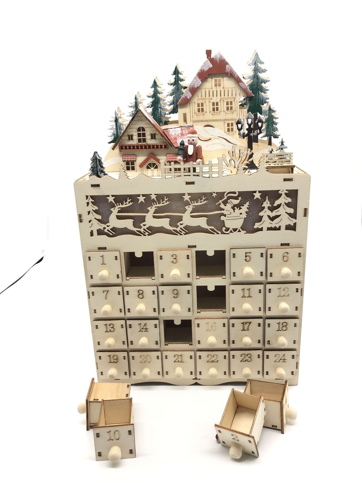 Wooden Christmas countdown calendar ornament with LED lights 24 days advent